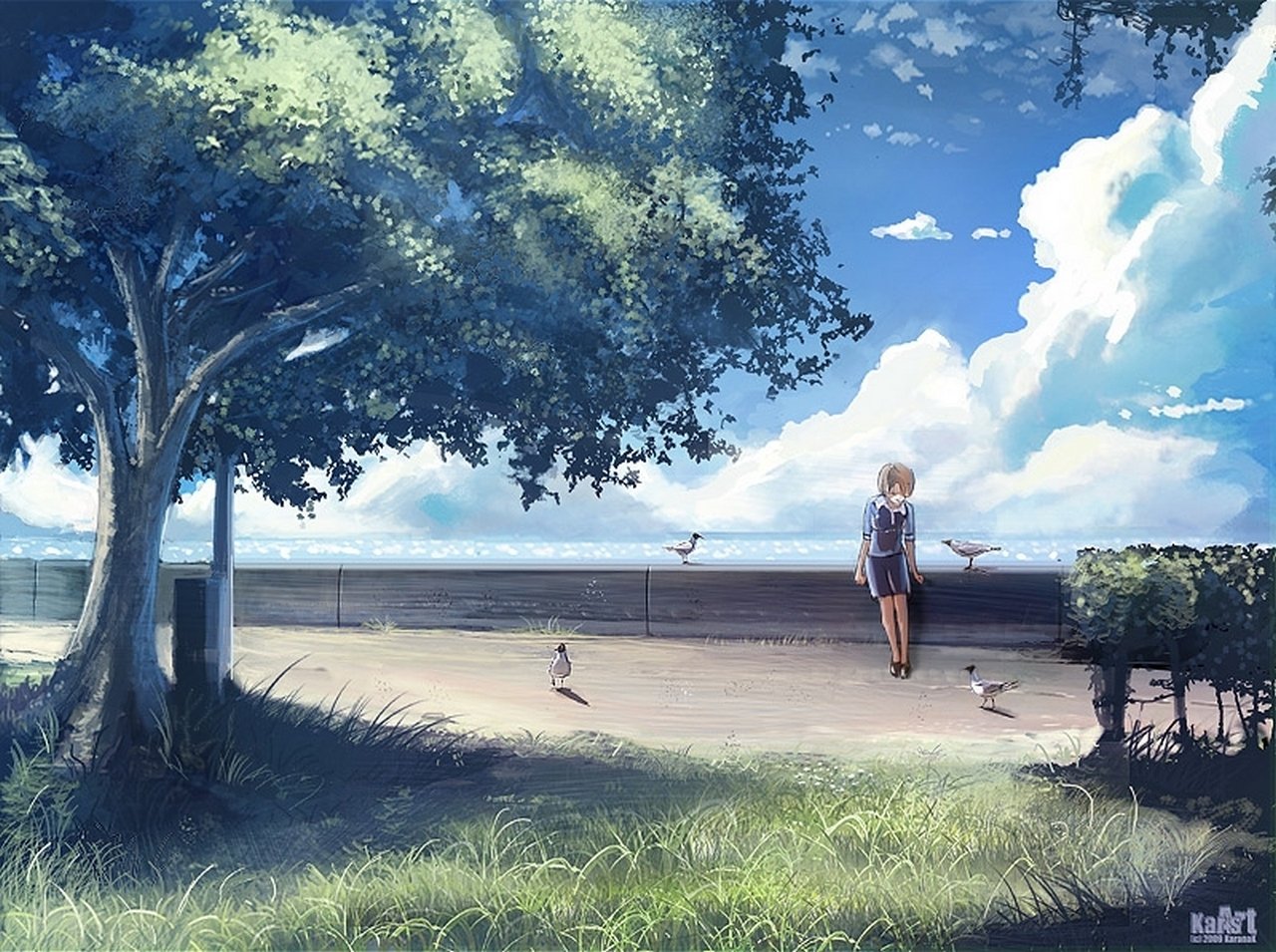 Anime-style original artwork depicting a serene scene of a person sitting on a ledge by the ocean, surrounded by seagulls, under a bright blue sky with fluffy clouds.