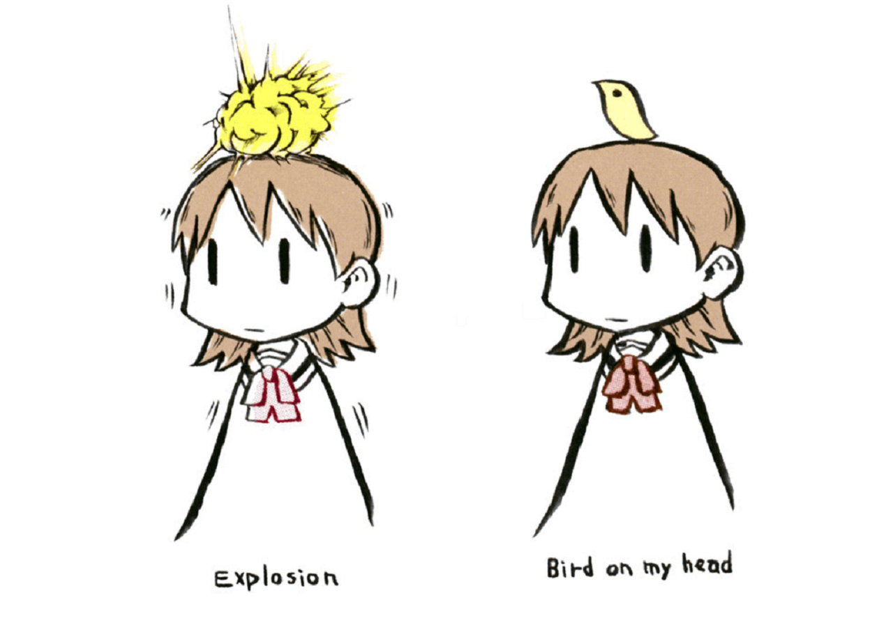 Nichijō-style anime sketch of a schoolgirl in two panels: left a yellow explosion on her head labeled Explosion, right a small bird perched on her head labeled Bird on my head.