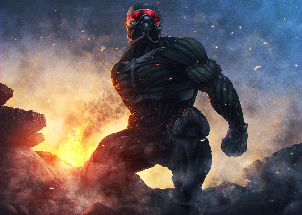 Crysis 2 video game art: armored soldier in a black nanosuit with a red visor crouches on rubble as explosions and smoke illuminate a dark, fiery skyline.