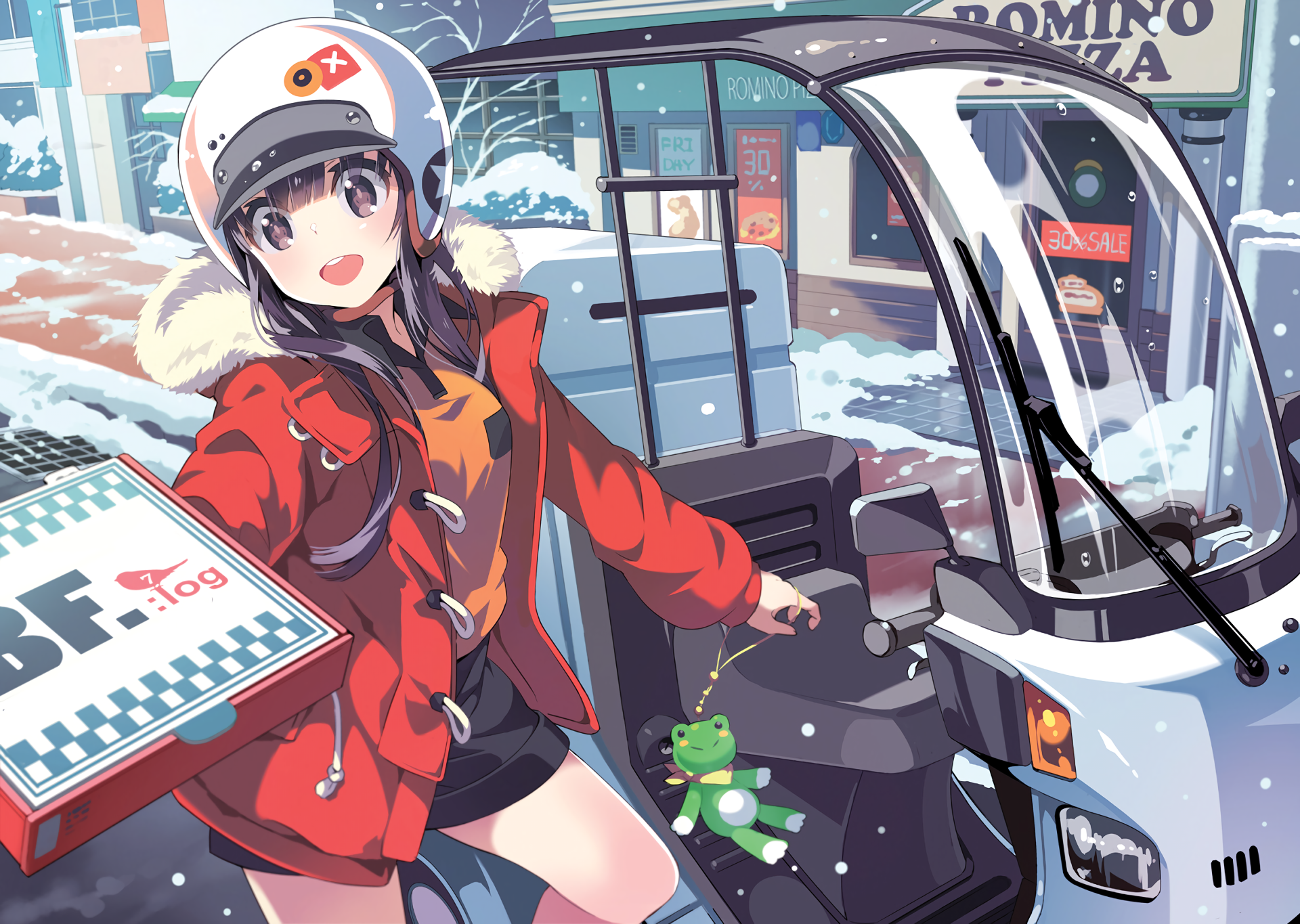 Anime girl courier: an anime girl in a red jacket and helmet holds a pizza box beside a small scooter on a snowy city street, smiling and waving.