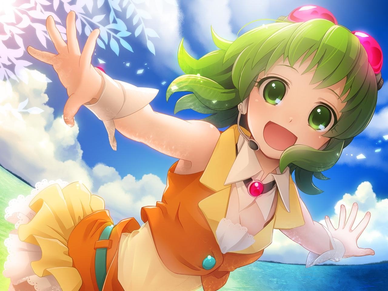 A cheerful GUMI from Vocaloid, depicted in an anime style. She has vibrant green hair and bright eyes, playfully reaching out against a sunny sky and lush landscape.