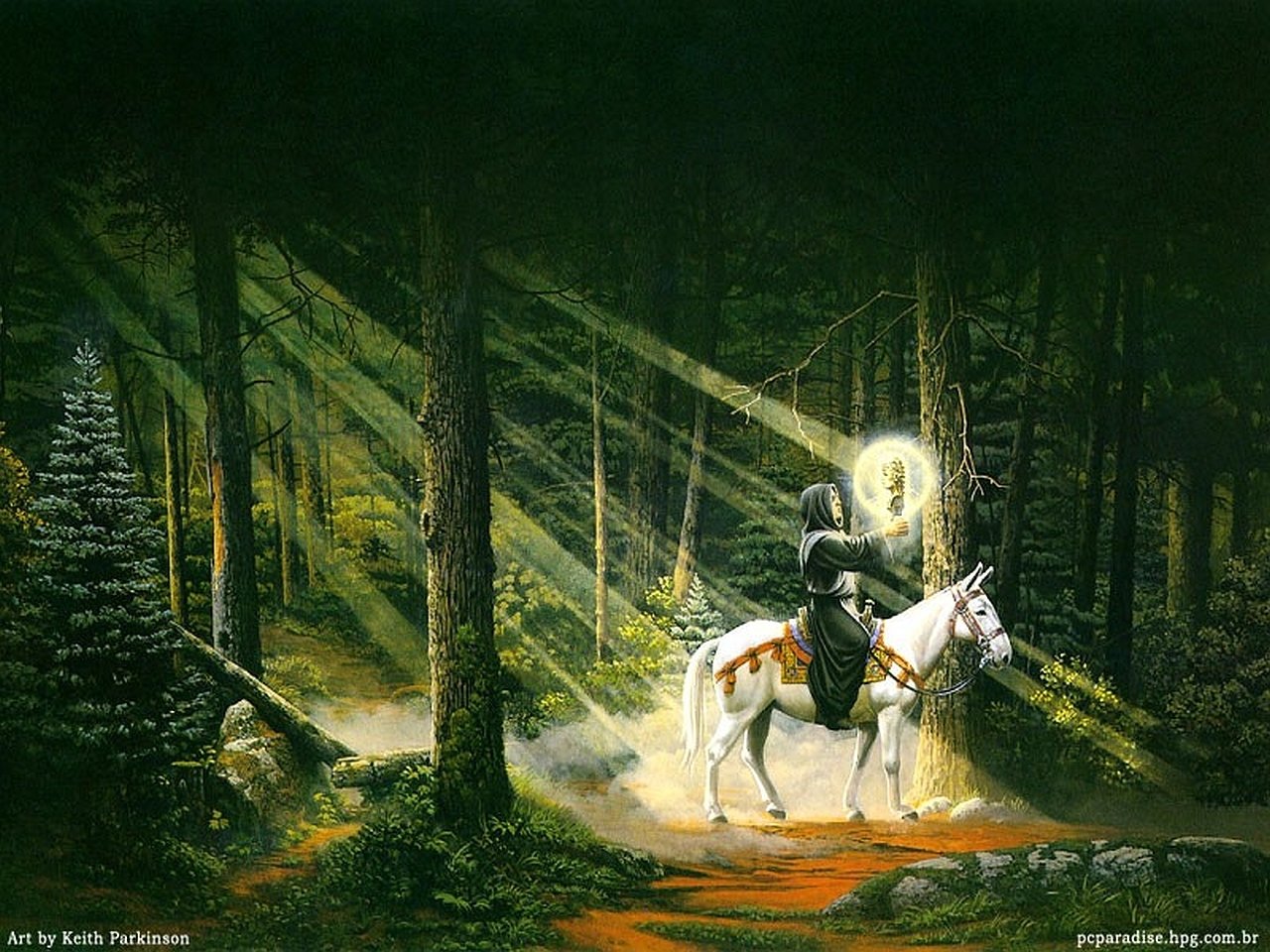 A fantasy scene depicting a cloaked figure holding a glowing orb while riding a white horse through a dense, sunlit forest.