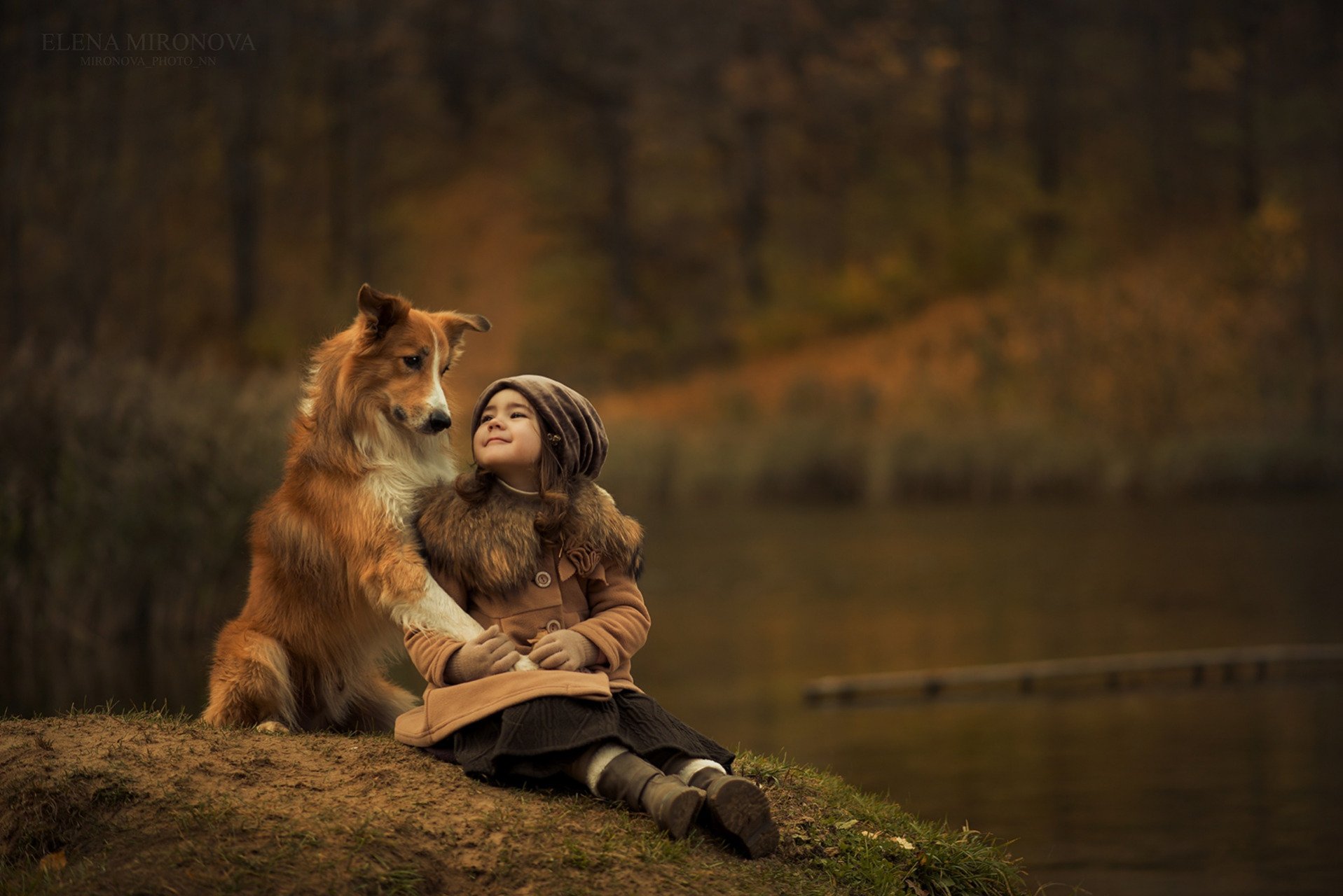  Little Girl and Her Dog near Autumn River