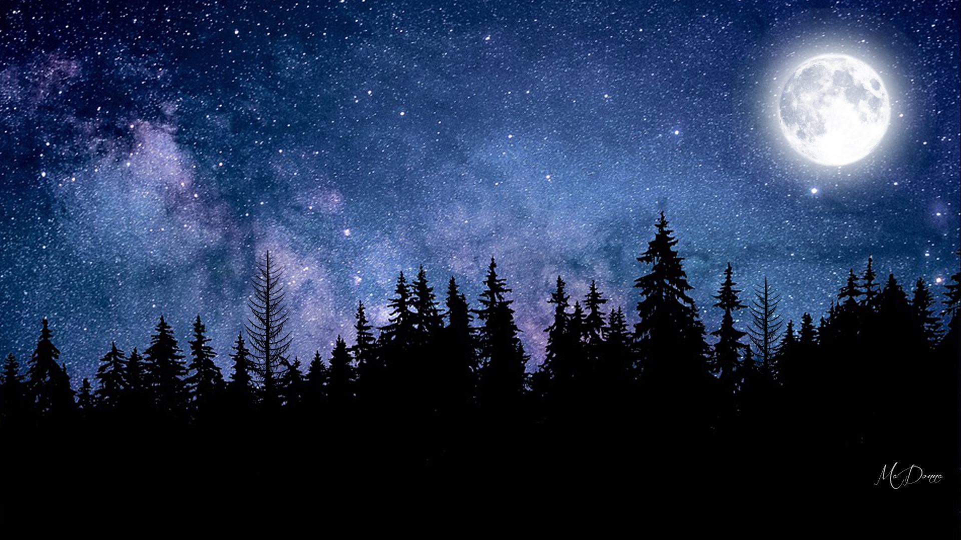Full Moon and Milky Way over Forest by MaDonna