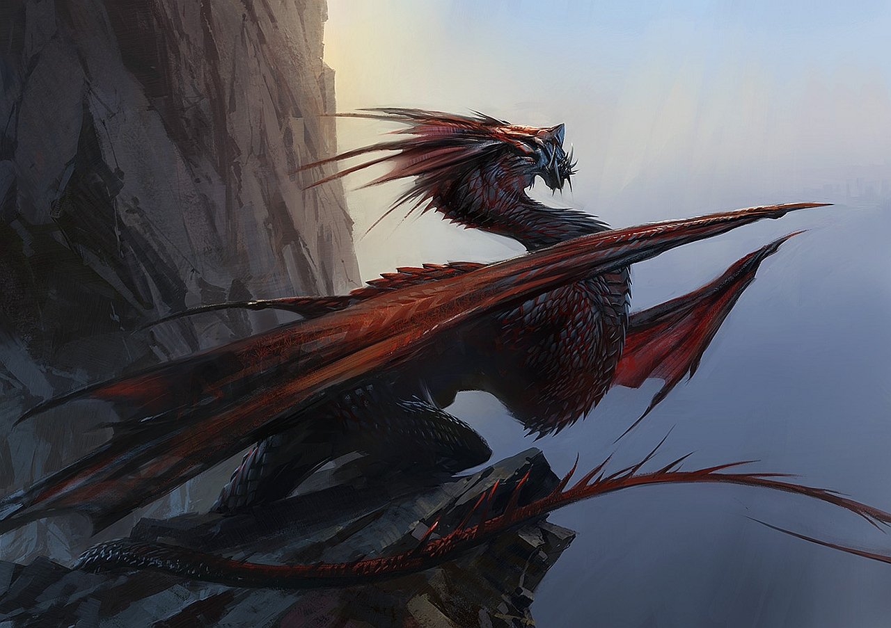 A fierce dragon perched on a rocky cliff at dawn, artwork from the video game Guild Wars 2, showcasing detailed scales and expansive wings against a misty sky.