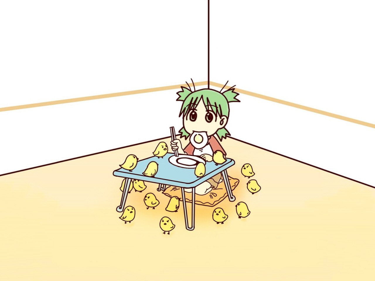 Anime, Yotsuba! — green-haired girl with pigtails eats at a low table while dozens of yellow chicks gather around.