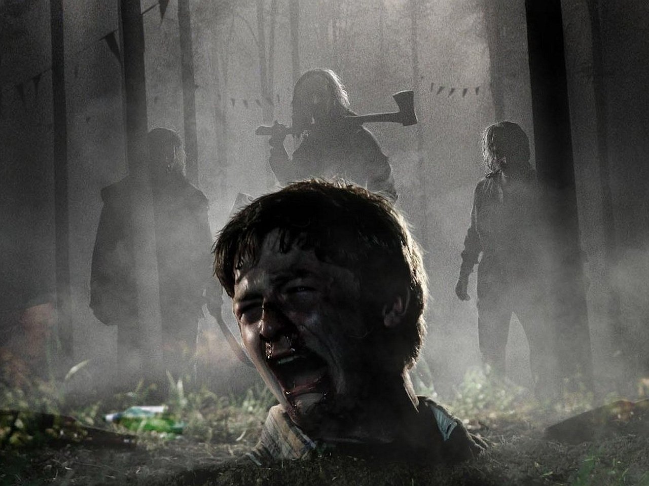 A terrified man screams in the foreground while shadowy figures, one holding an axe, approach through a foggy, eerie forest scene from the movie Wrong Turn 5: Bloodlines.