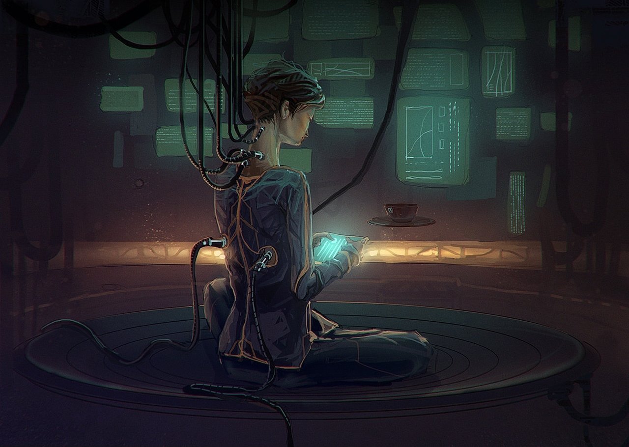 Sci-fi woman wired into a neural rig in a dim lab, holding a glowing device while holographic screens and cables illuminate the room.