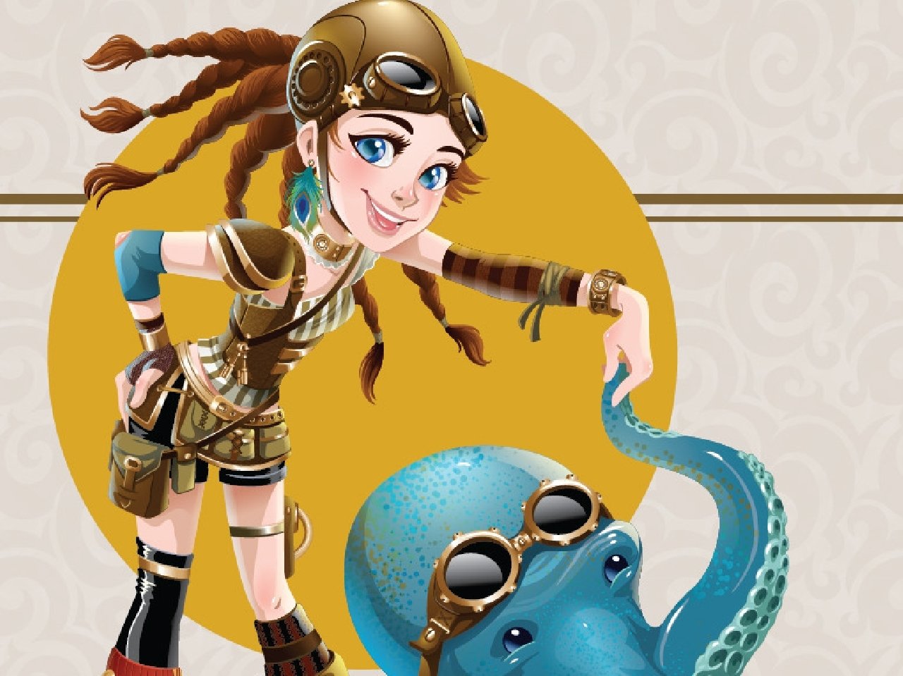 Steampunk explorer with goggles and bright blue eyes leans on a goggled octopus in a playful sci‑fi, retro‑futuristic scene.
