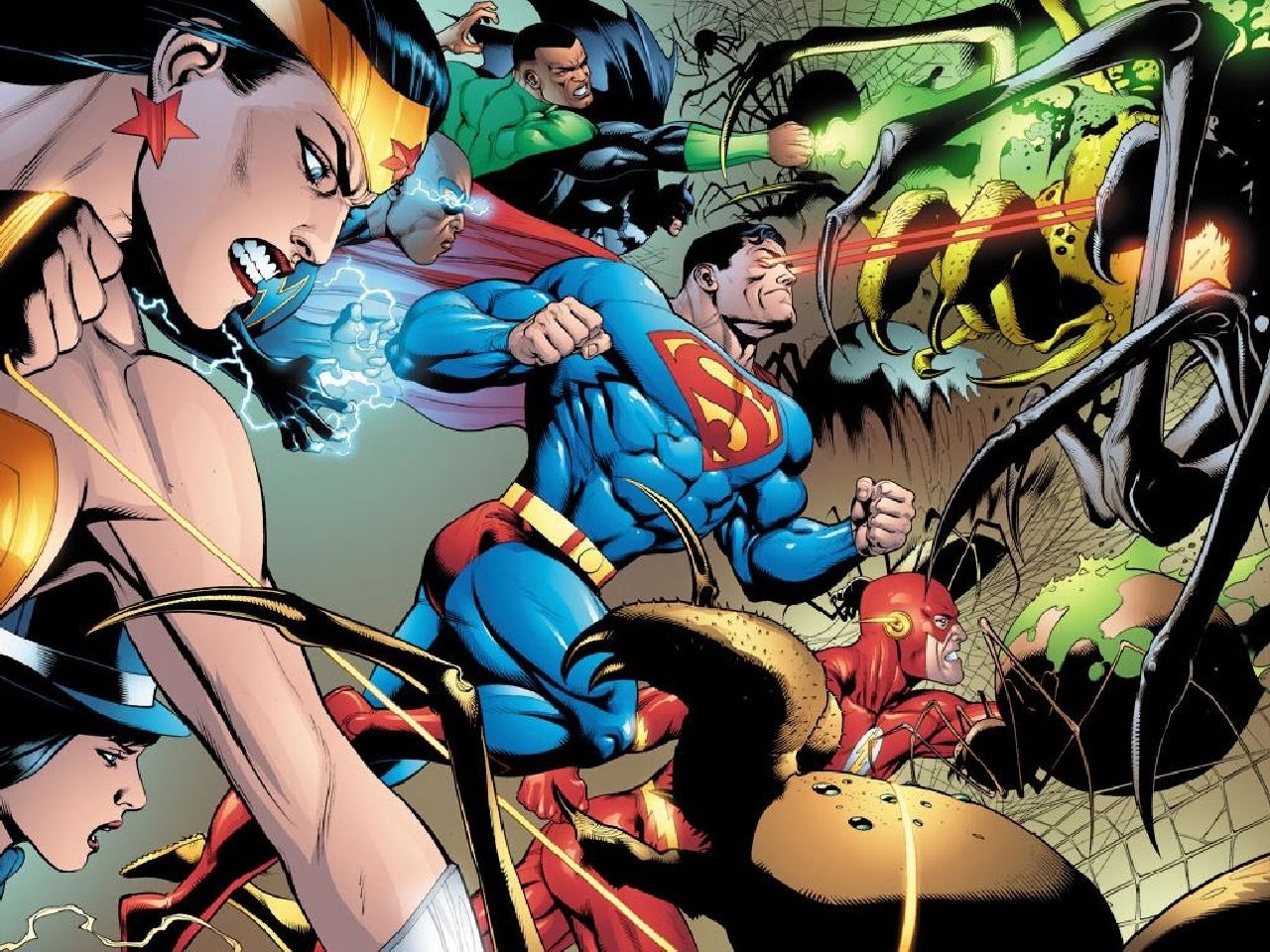 DC Comics scene: Justice League — Superman, Wonder Woman, Batman, Flash, Green Lantern (John Stewart), Zatanna and Black Lightning (Jefferson Pierce) battle a monstrous green foe.
