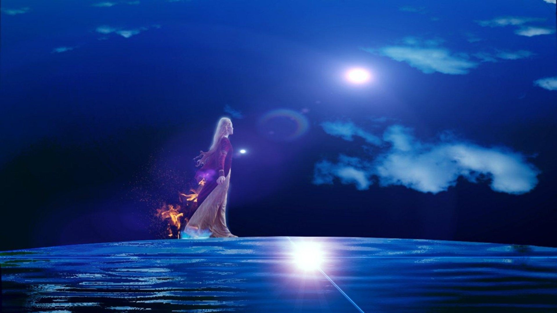 Download Moon Cloud Sky Fire Blue Fantasy Woman Image