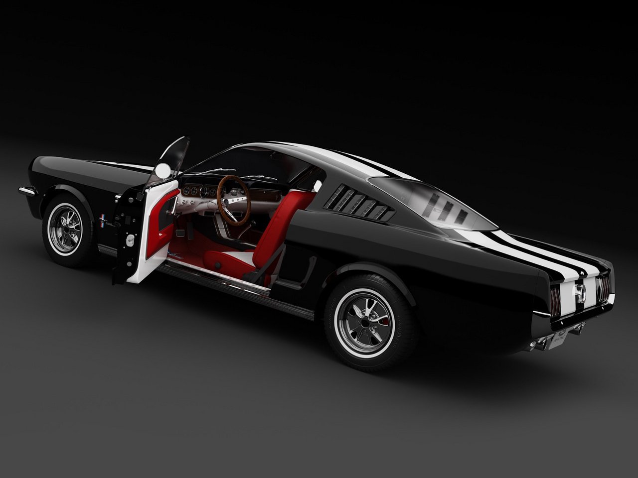 Black Ford Mustang Fastback muscle car with white racing stripes, open driver's door exposing red interior, classic fastback silhouette and vintage wheels — a striking vehicle.