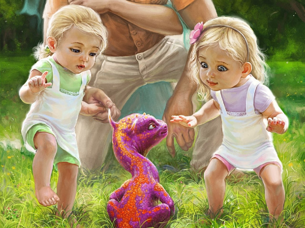 Two toddlers in a grassy fantasy setting reach out curiously to a small, vibrant purple and orange creature, with an adult watching protectively behind them.