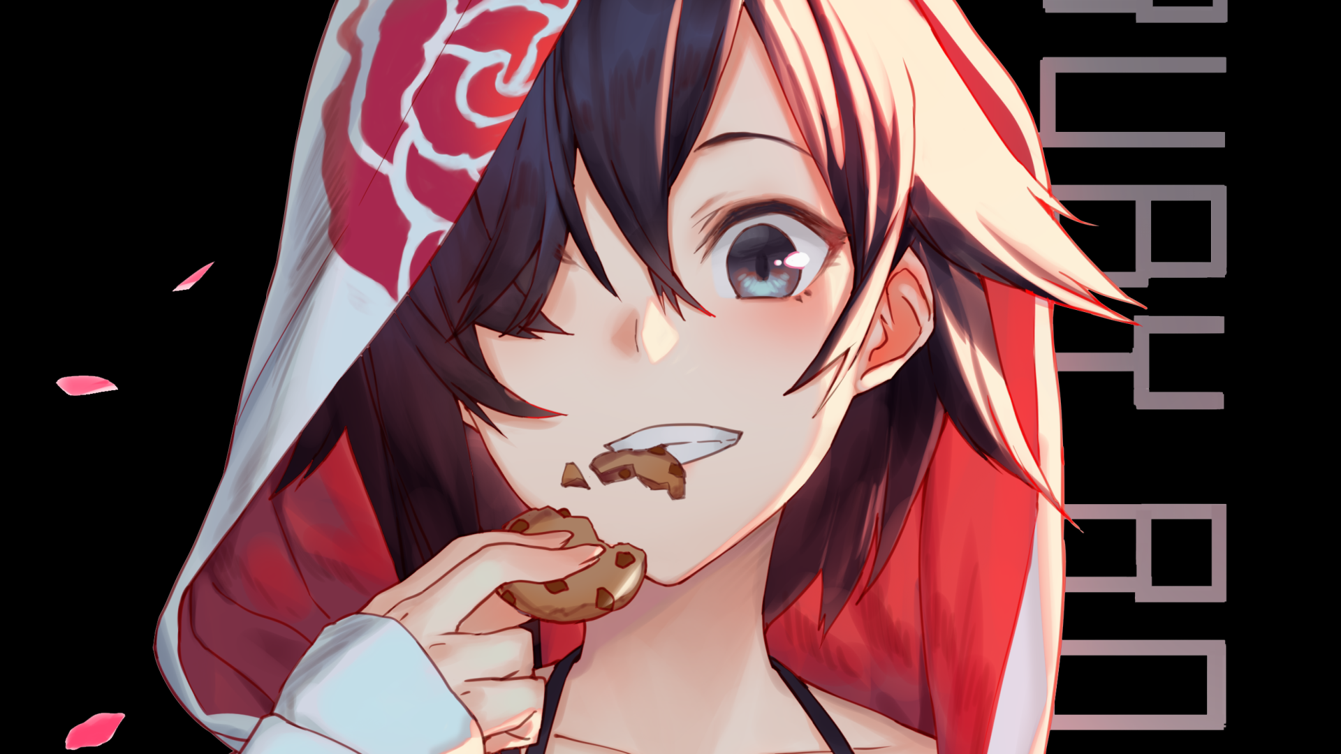 Anime-style close-up of Ruby Rose (RWBY) winking from a red-hooded cloak with rose motif, crumbs on her lip as she bites a cookie, rose petals drifting around her.