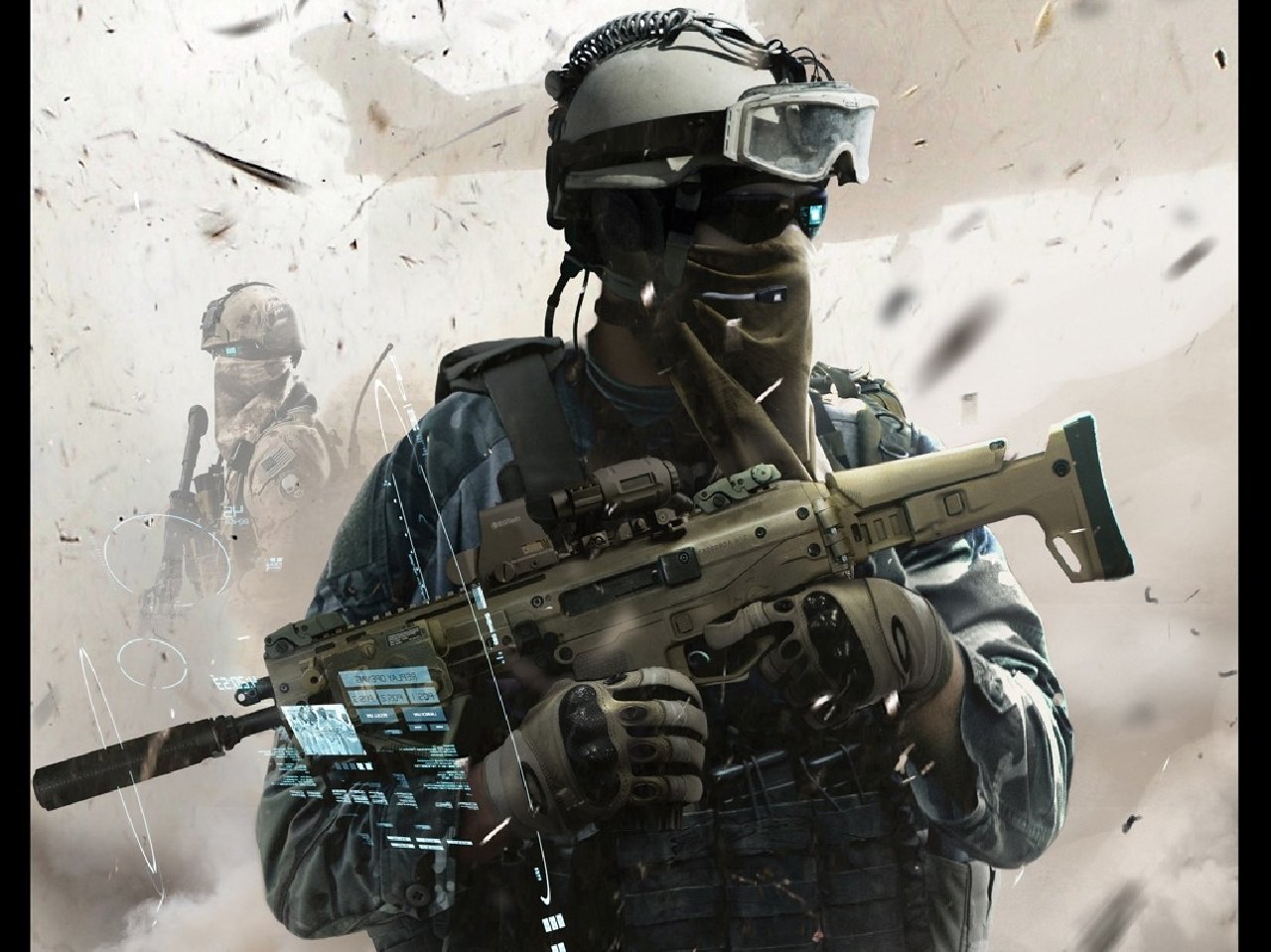 Soldier in advanced combat gear holding a futuristic rifle, set against a smoky battlefield background, from the video game Tom Clancy's Ghost Recon: Future Soldier.