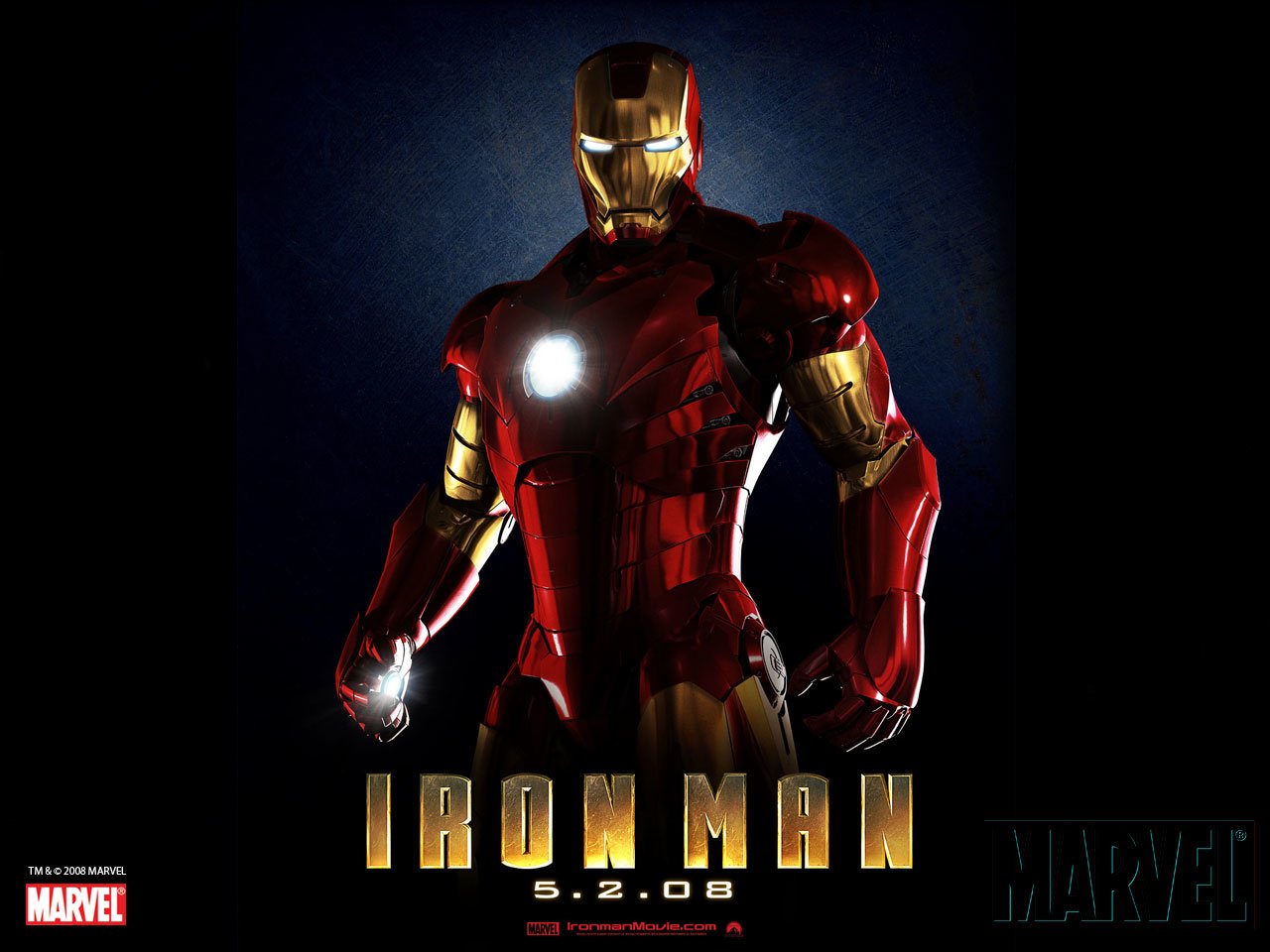 A striking image of Iron Man, featuring Tony Stark in his iconic red and gold suit, with the release date 5.2.08 and the Marvel logo prominently displayed.