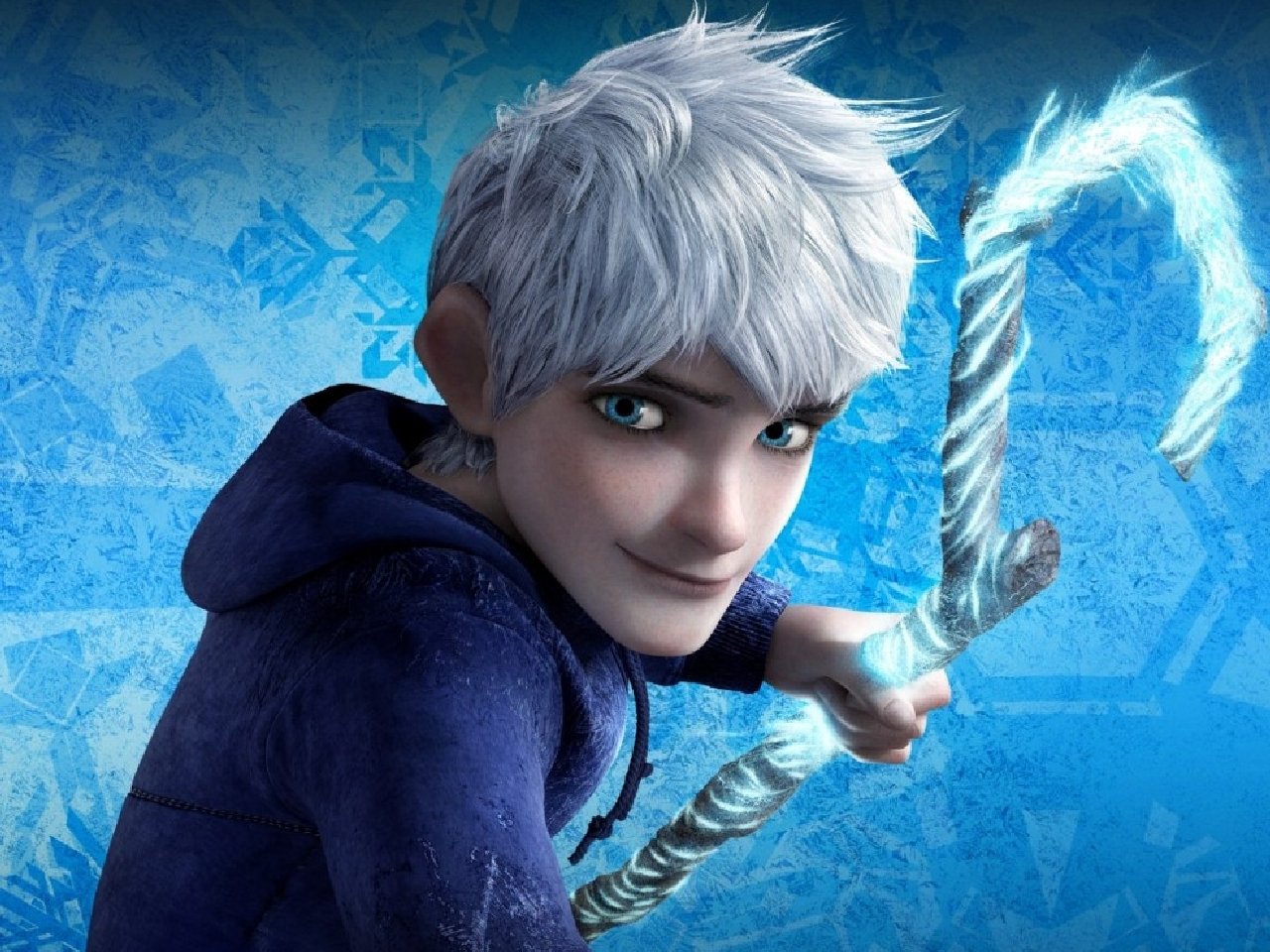 Jack Frost from the movie Rise of the Guardians, features a young character with striking white hair, holding a magical staff against a backdrop of icy blue.