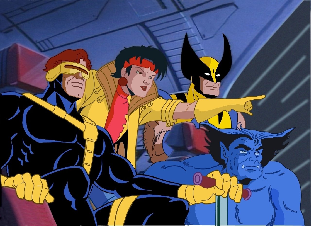 Cyclops, Jubilee, Wolverine, and Beast from the X-Men Marvel Comics TV show stand ready in action inside a futuristic setting.