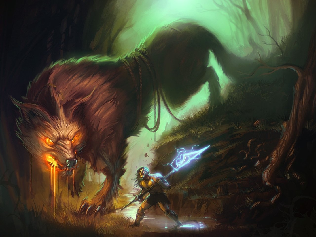A fantasy creature resembling a massive, glowing-eyed wolf confronts a warrior wielding a lightning-charged sword in a dark, eerie forest.