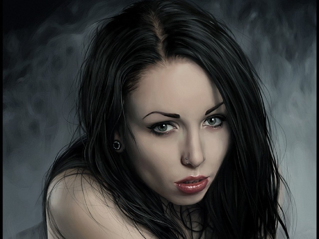 Artistic portrait of a woman with long black hair and an intense gaze against a smoky gray background.