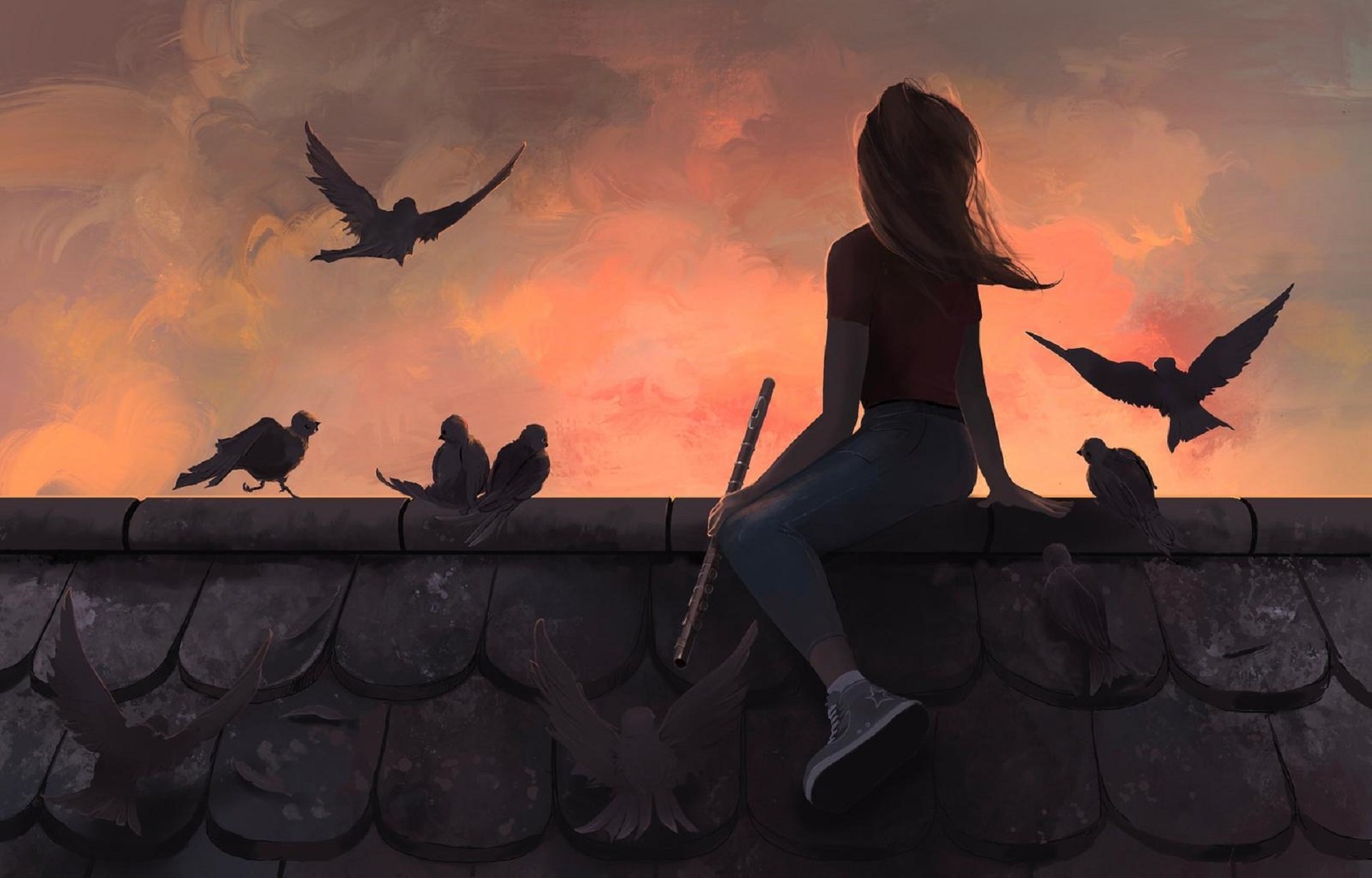  Young Girl and Birds in Sunset Silhouette