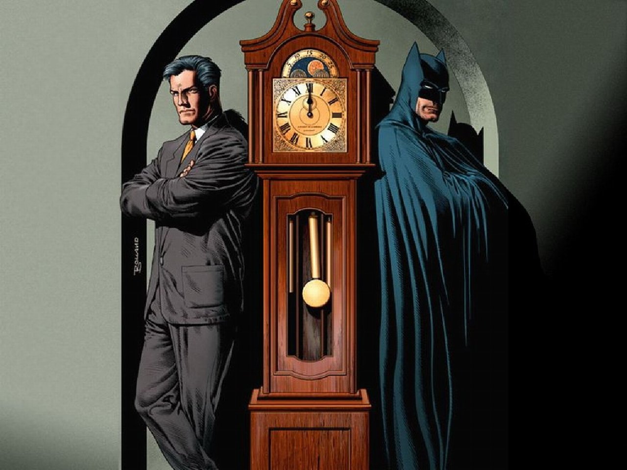 DC Comics comic-style illustration of Bruce Wayne and Batman standing back-to-back beside a grandfather clock under a shadowed arch.