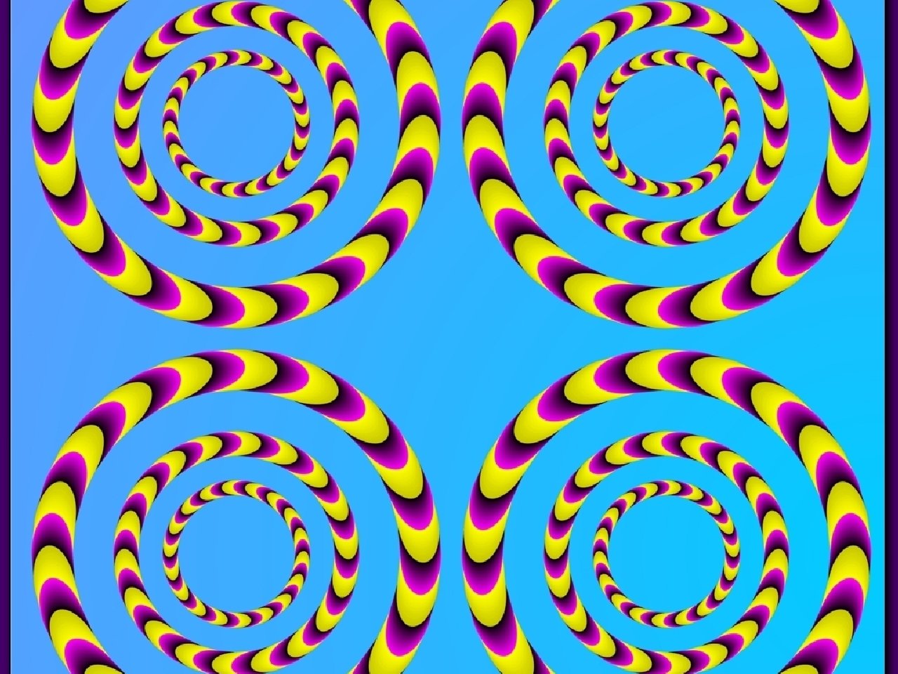 Abstract mind-teaser showing four vibrant concentric spiral rings—yellow, magenta, purple and black—on a cyan background creating an optical whirl.