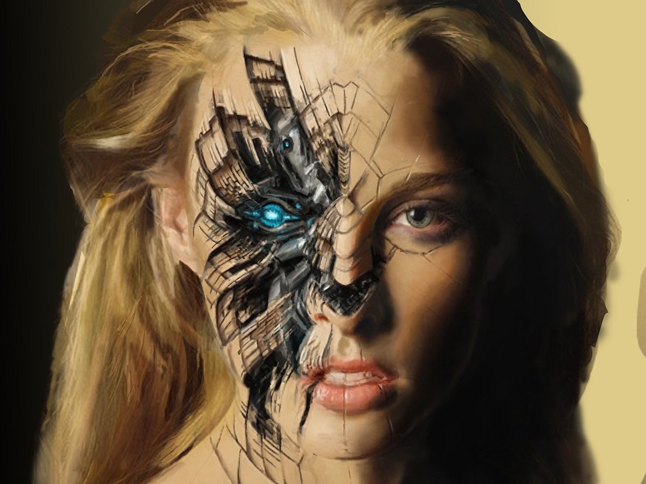 A cyborg woman with a fragmented mechanical face, showcasing a blend of human and sci-fi technology, highlighted by a blue glowing element in her intricate features.