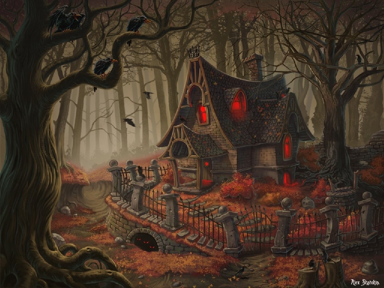 Artistic portrayal of a mysterious, dark house surrounded by twisted trees and a wrought-iron fence in a foggy, autumnal forest setting.