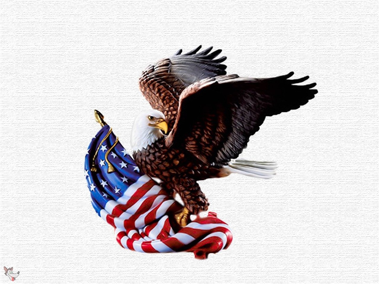 A detailed eagle sculpture stands proudly atop a draped American flag, showcasing the beauty of patriotism in a striking man-made artwork.