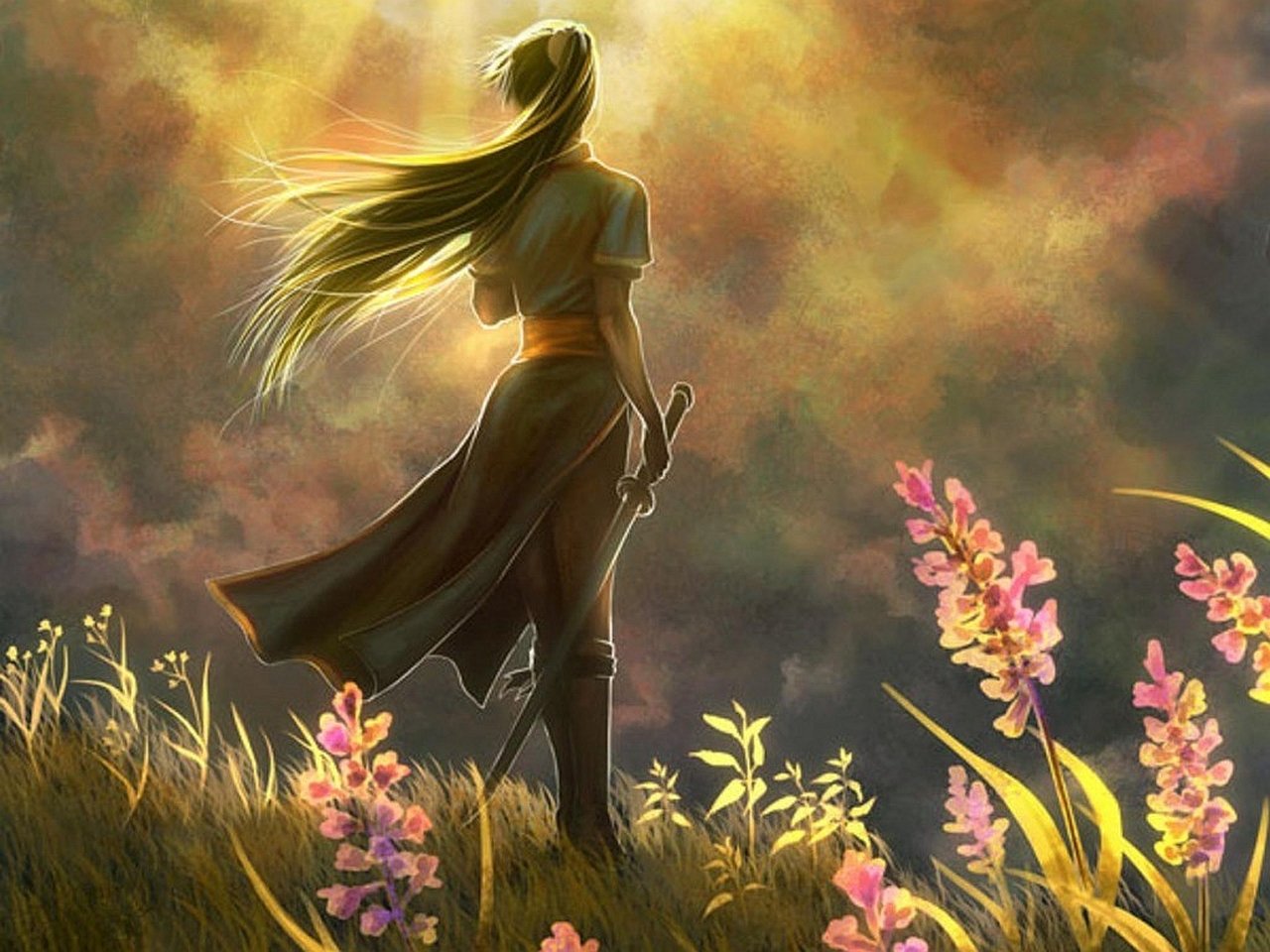 A women warrior stands in a vibrant field, her hair flowing as she gazes towards a radiant sky, embodying strength and determination in a fantasy landscape.