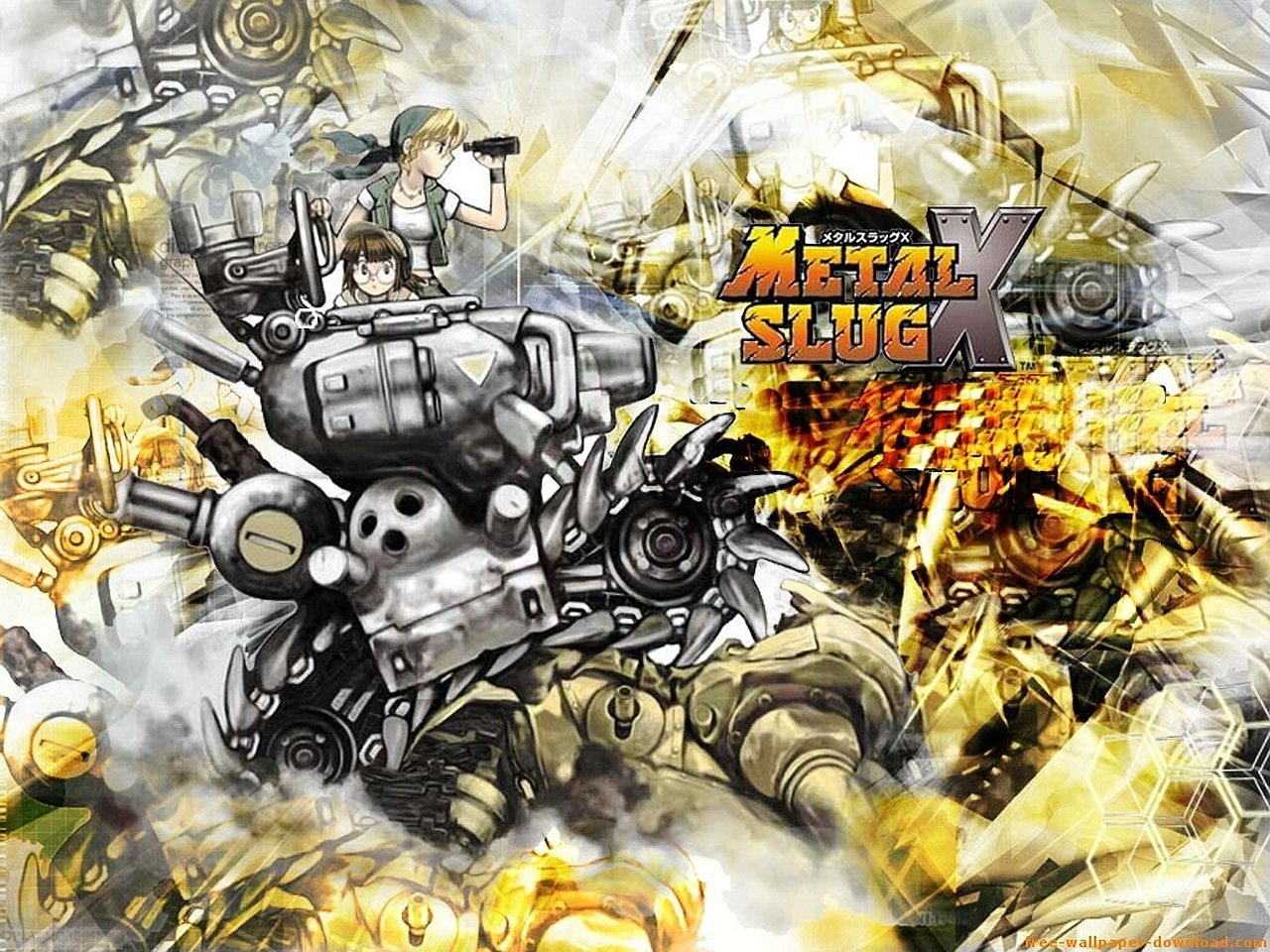 Artwork for the video game Metal Slug X showing soldiers atop a bulky armored mech amid explosions, smoke and fiery debris in a chaotic, war-torn battlefield.