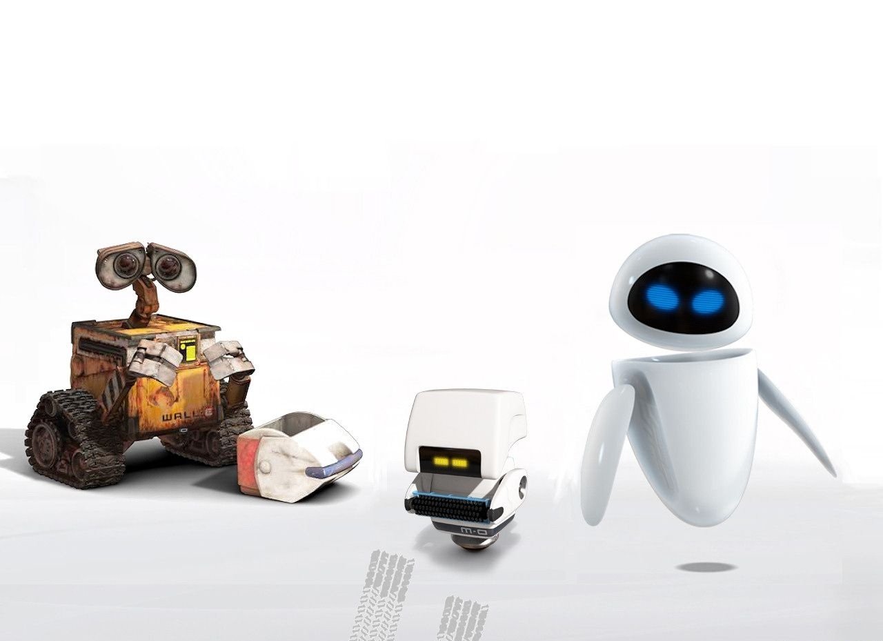 Characters Wall·E, Eve, and two smaller robots from the movie Wall·E stand against a white background.