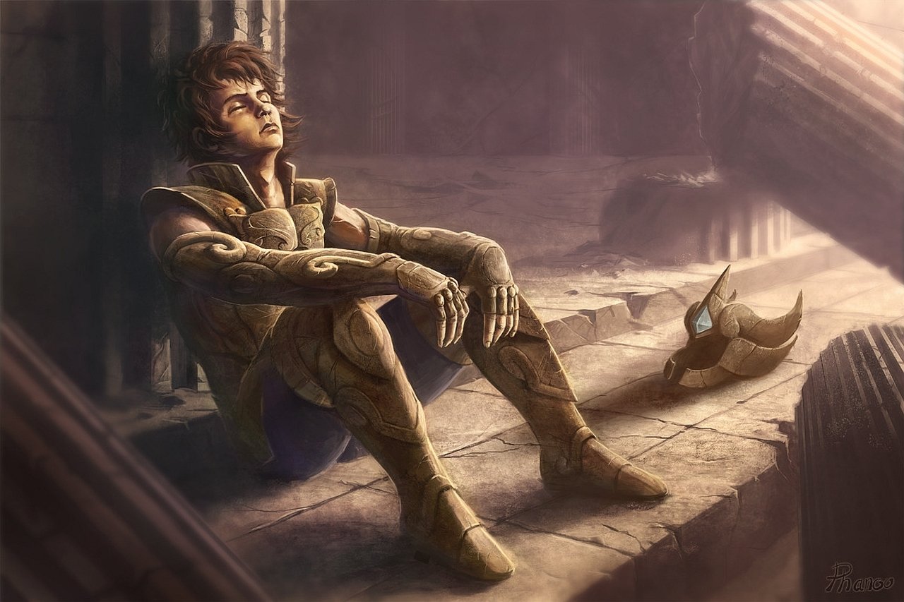 A fantasy warrior in ornate armor sits on ancient stone steps, resting with a large battle axe beside him, bathed in soft, warm light.