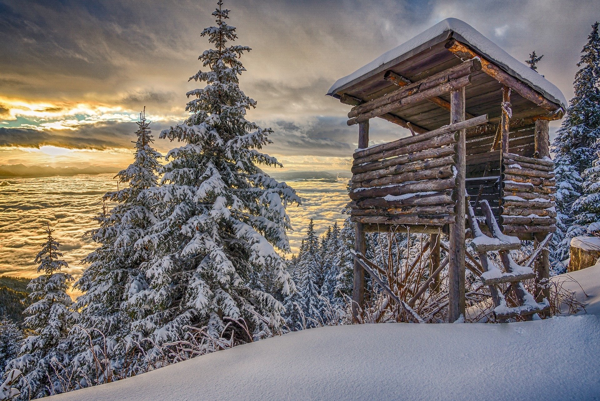 Log Cabin Tower Overlooking Snow Covered Mountain Forest Image Id