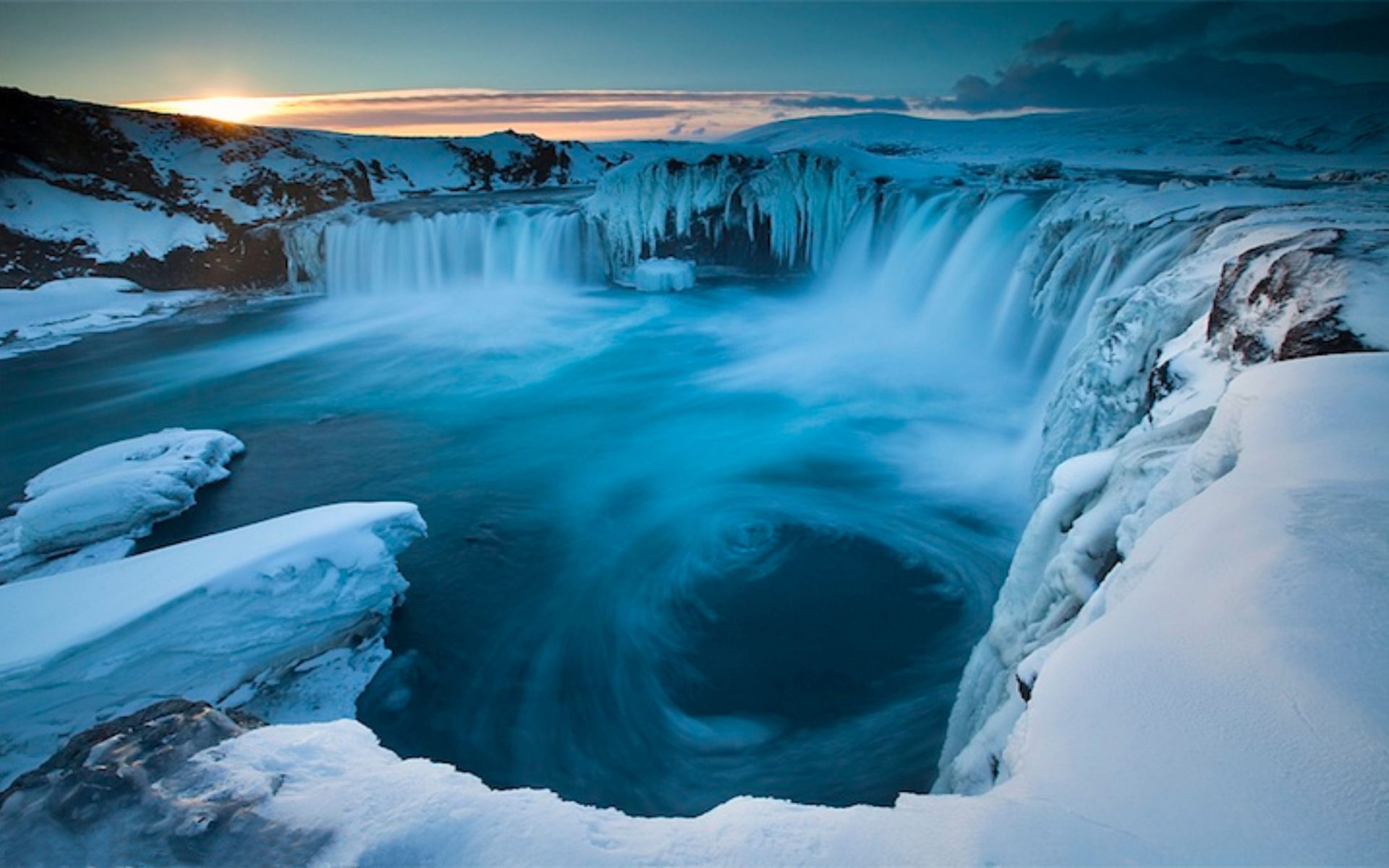 Frozen Godafoss Waterfall in Iceland