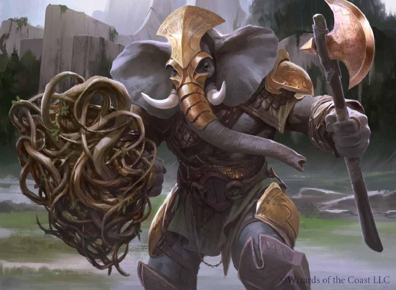 Man-made Magic: The Gathering art of an armored elephant-headed warrior holding a huge axe and a tangled vine shield, standing in a misty marsh with waterfalls.