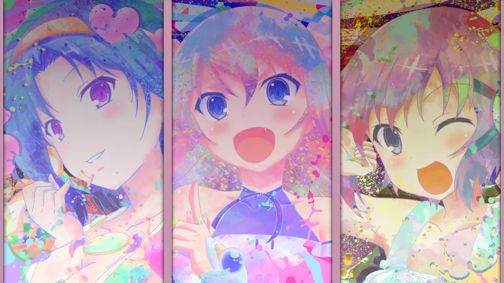 colorful blue hair purple eyes blue eyes Sanae Higashihongan Kiriha Kurano Yurika Nijino Anime Rokujouma no Shinryakusha!? Image