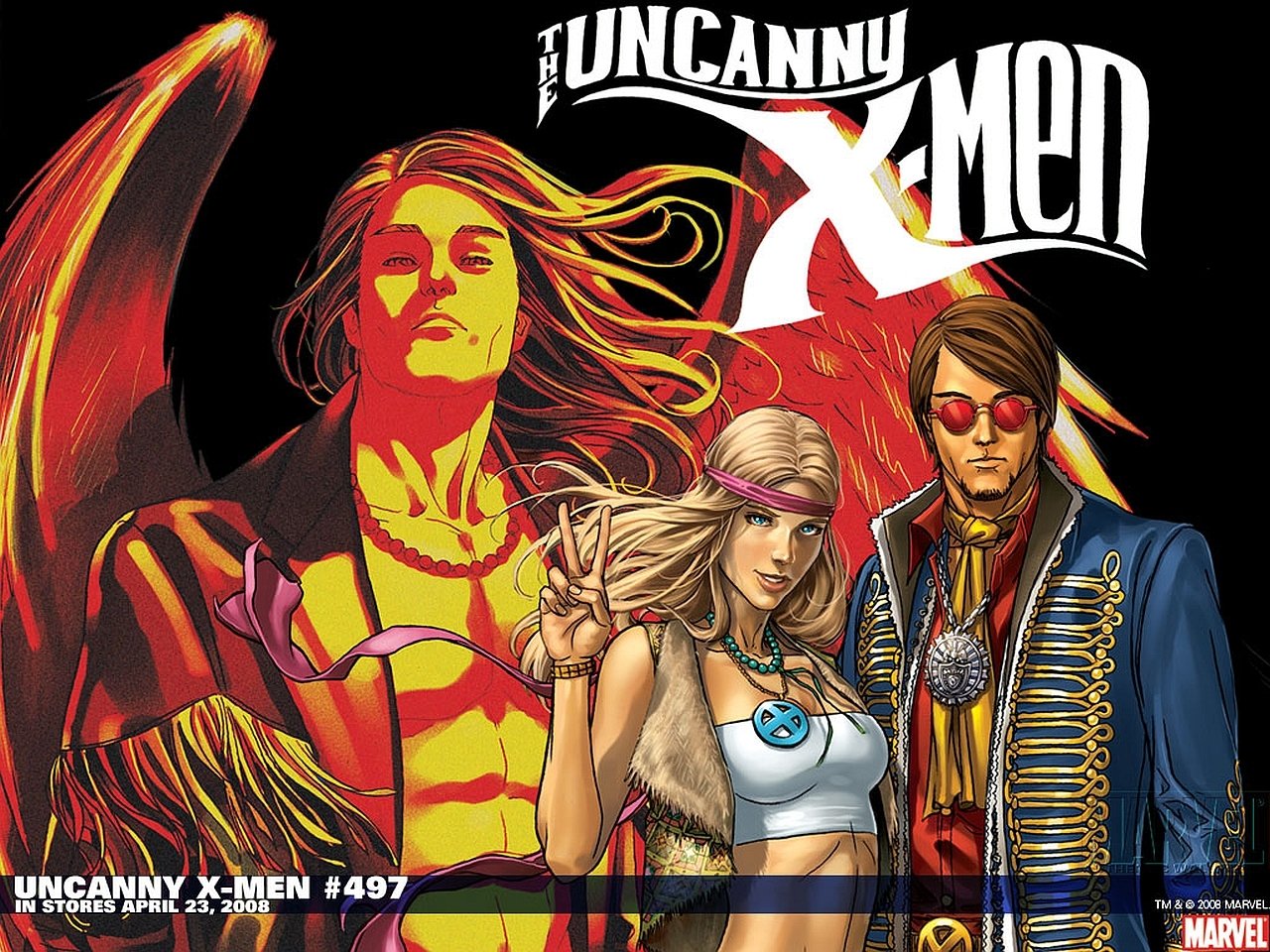 Uncanny X‑Men comic cover: Emma Frost stands between Scott Summers and Warren Worthington III (Angel), fiery red‑gold wings rising behind them beneath the title.