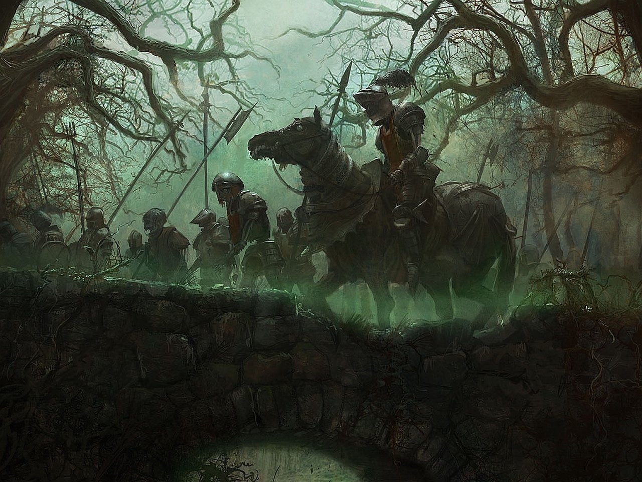 A group of fantasy knights ride across a mossy stone bridge into a foggy, haunted forest, green mist swirling below.