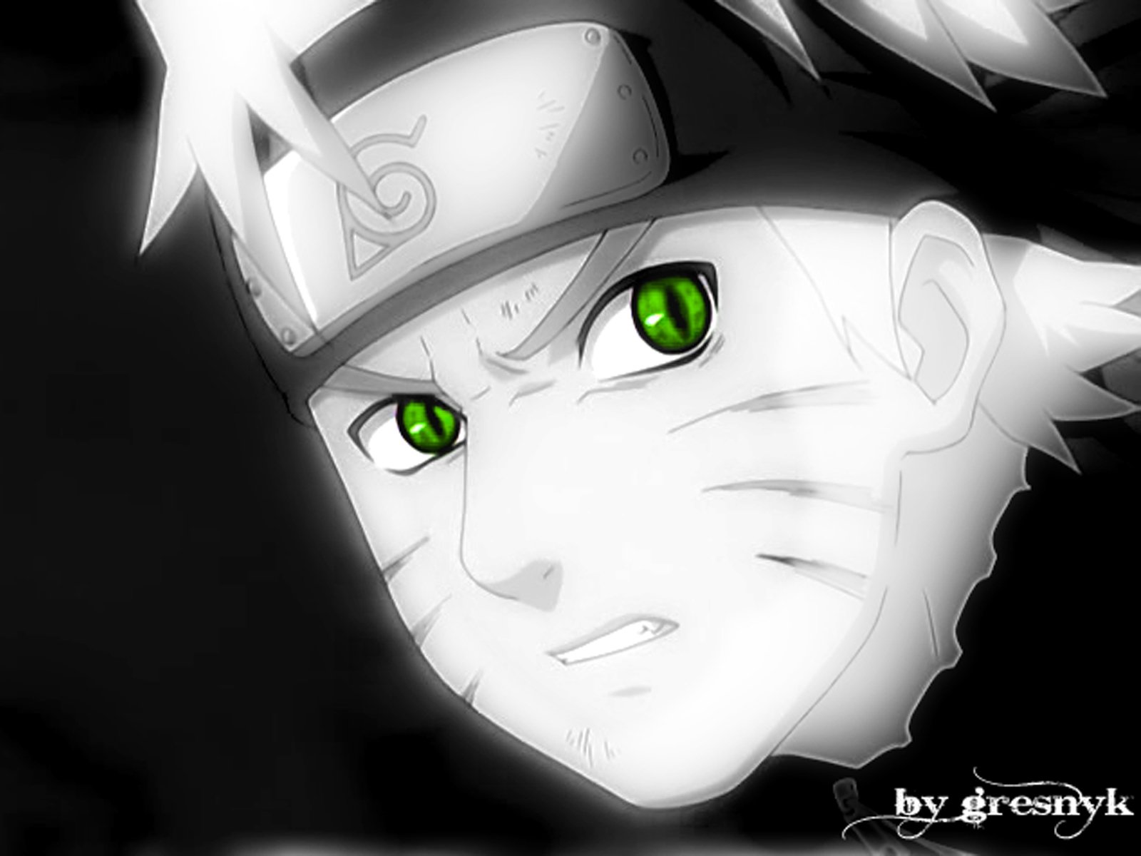 A black and white depiction of Naruto Uzumaki, featuring his intense expression and green eyes, showcasing his connection to the Kyūbi in the anime Naruto.