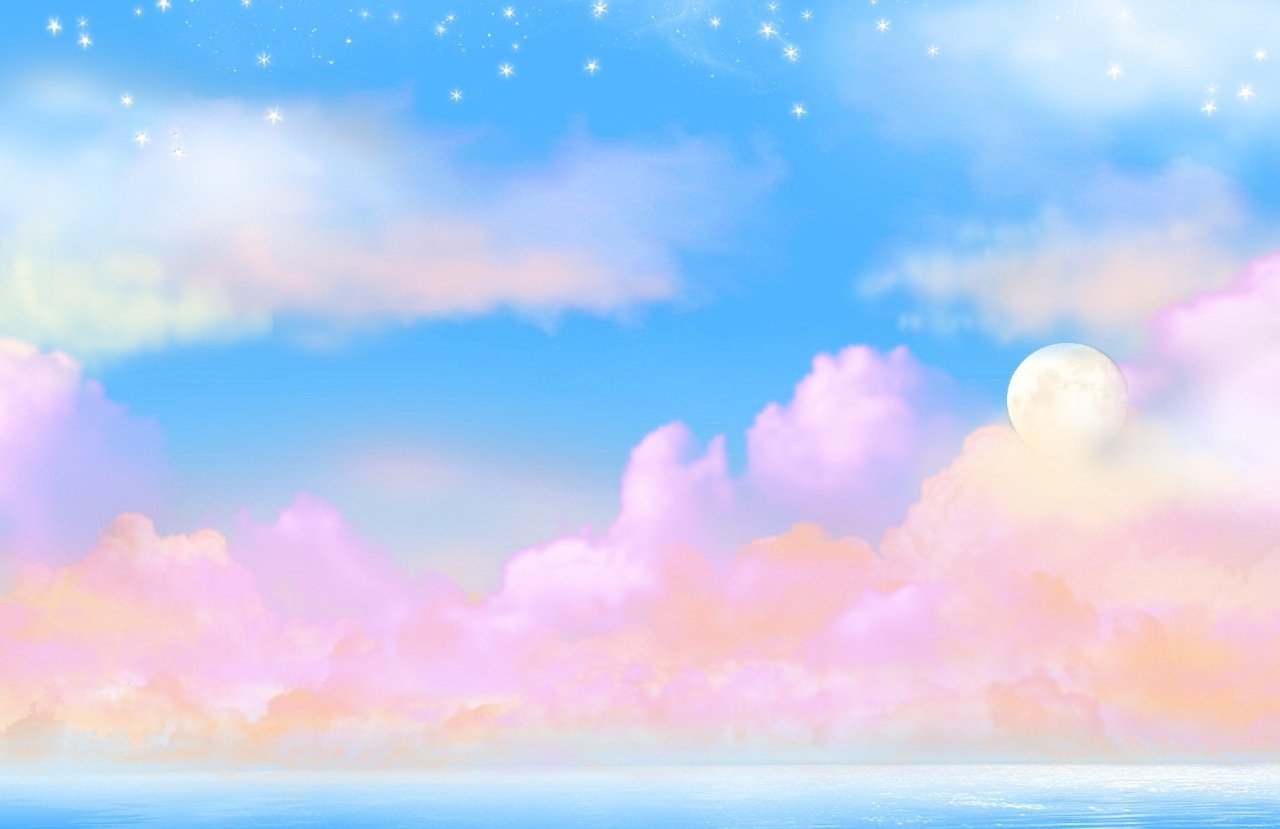 A serene ocean scene with soft pink and peach clouds under a bright moon in an artistic, pastel-colored sky.