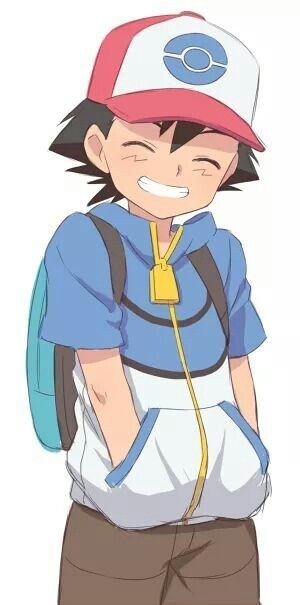 Smiling, cute anime depiction of Ash Ketchum in his cap and backpack, grinning with hands in his pockets — cheerful Pokémon trainer.
