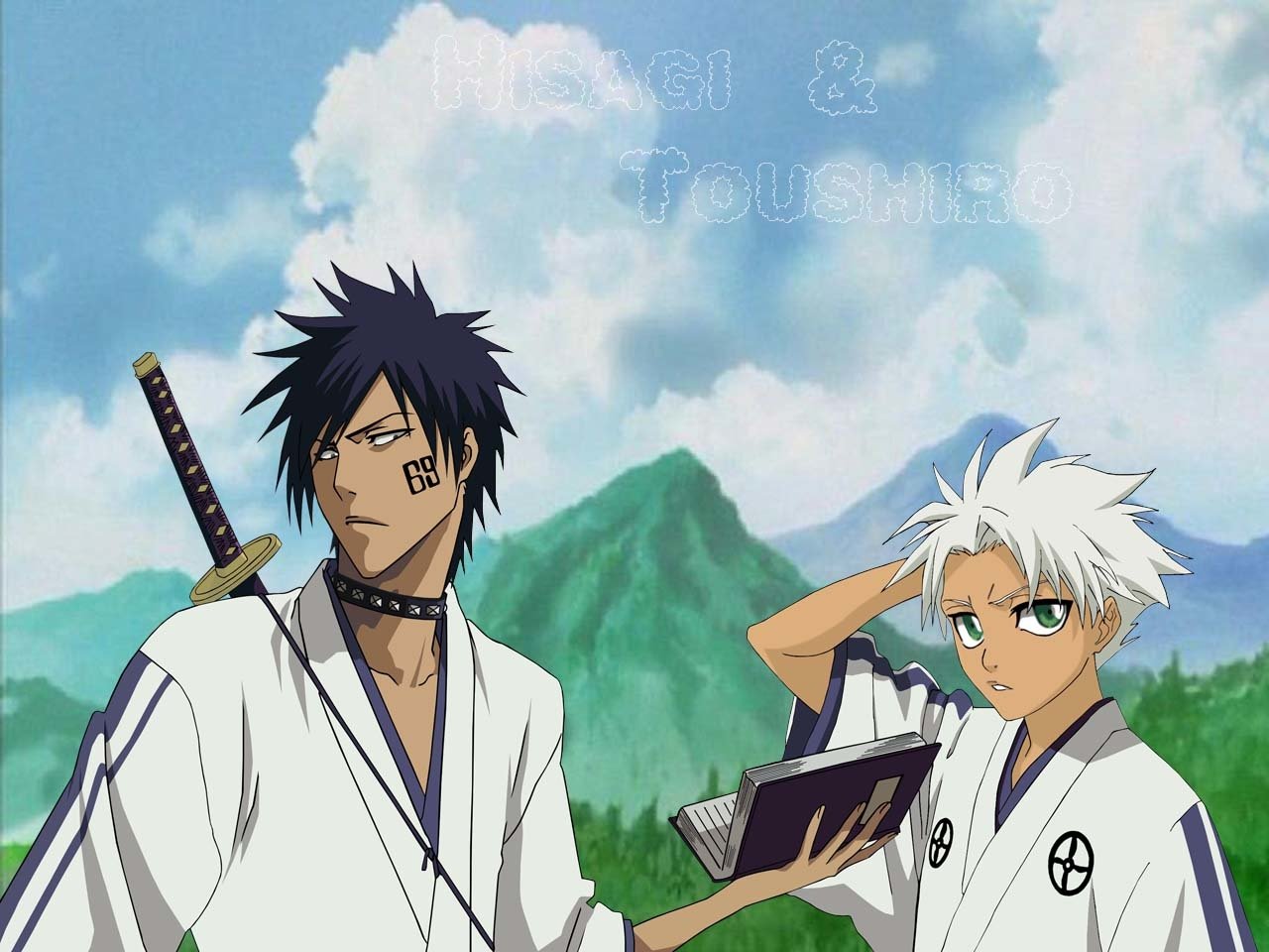 Anime scene featuring Bleach characters Tōshirō Hitsugaya and Hisagi Shūhei standing outdoors with a mountain and blue sky in the background.