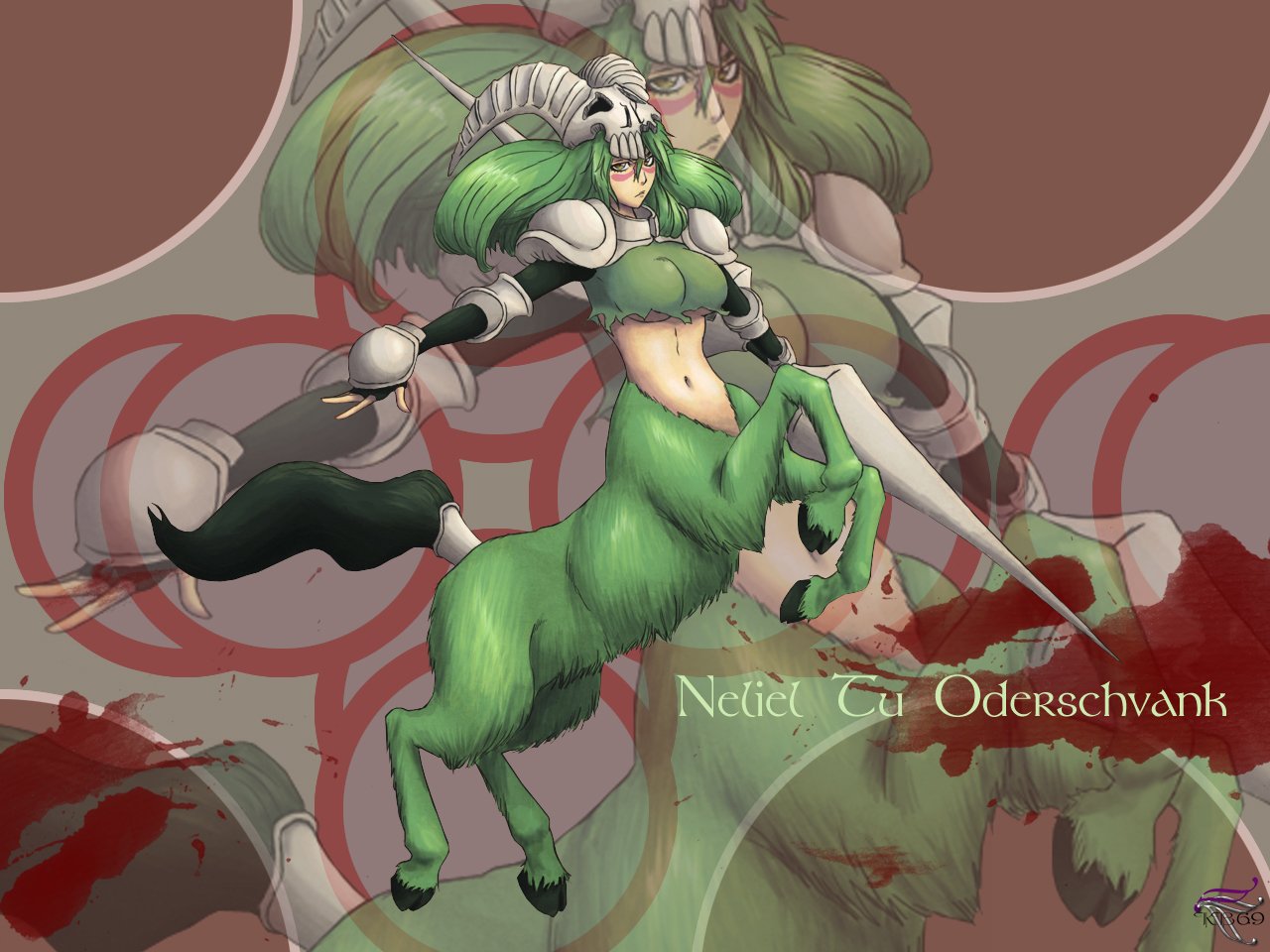 Nelliel Tu Odelschwanck (Bleach) as a green-haired centaur warrior with a skull helmet and spear, posed over a blood-spattered anime background