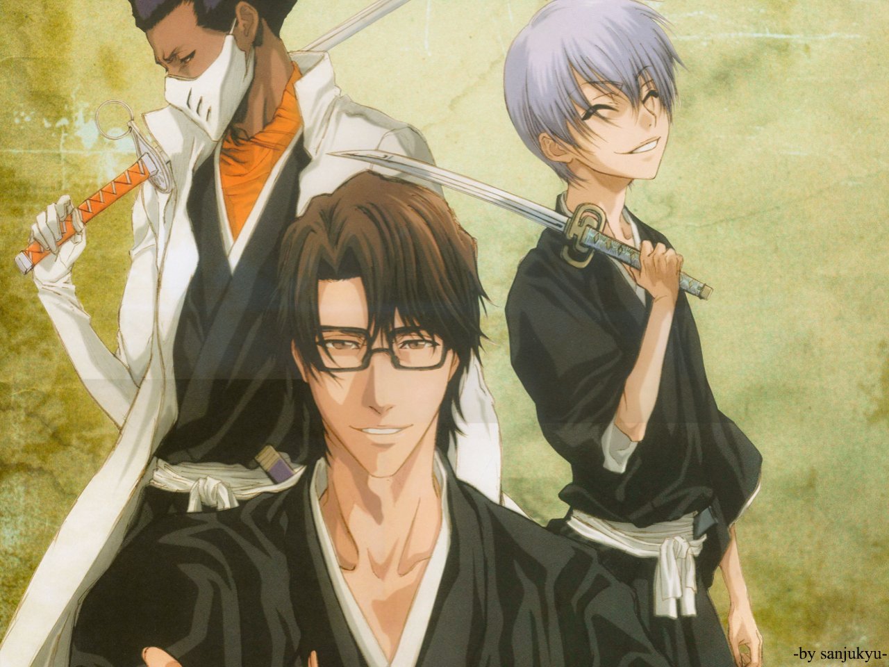 Three characters from the anime Bleach: Kaname Tosen, Gin Ichimaru, and Sōsuke Aizen, each holding a sword, positioned against a textured background.