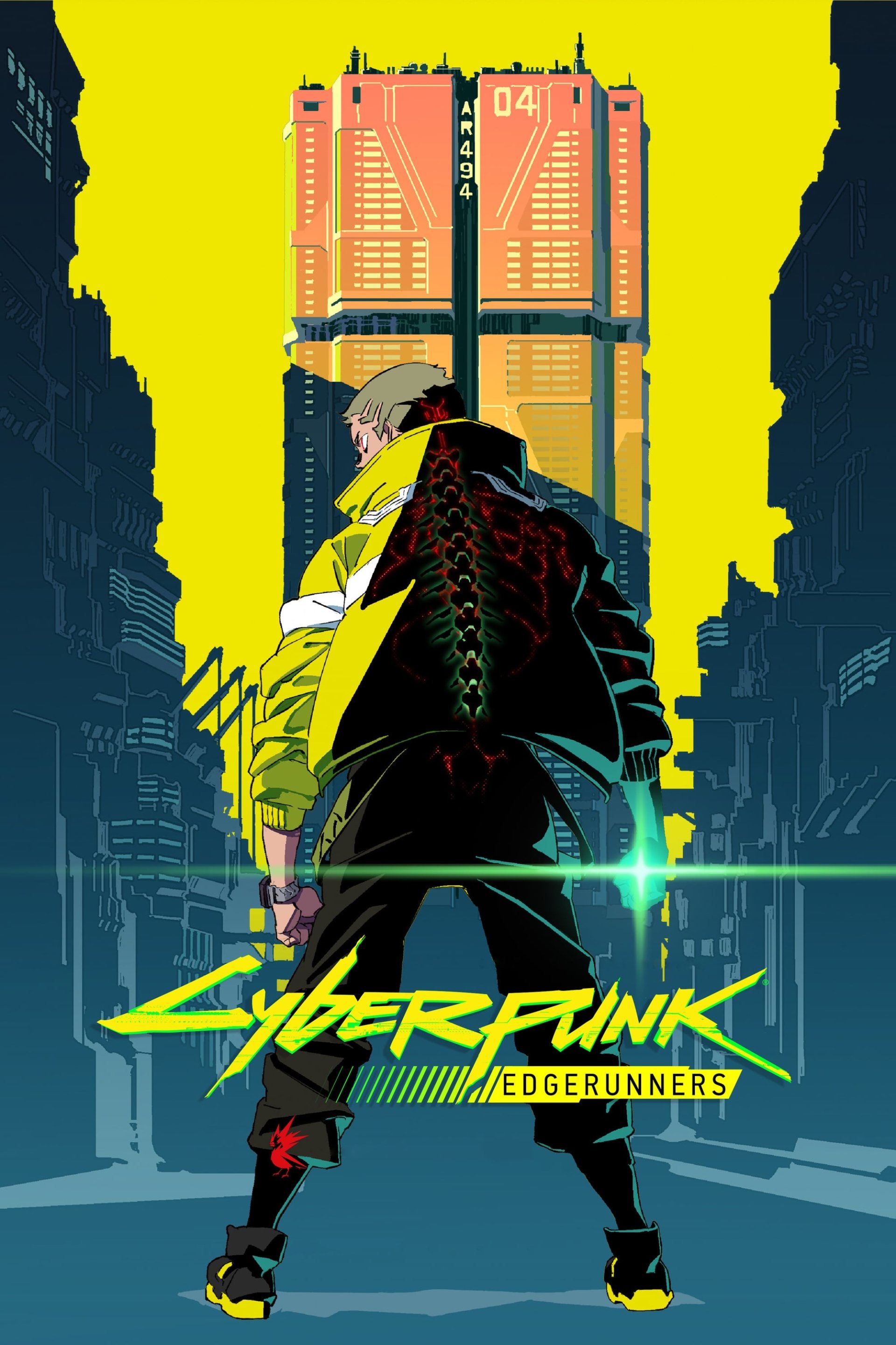 Anime Cyberpunk: Edgerunners poster — neon-clad figure seen from behind with spine-like jacket, glowing city streets and a towering skyscraper against a yellow sky.