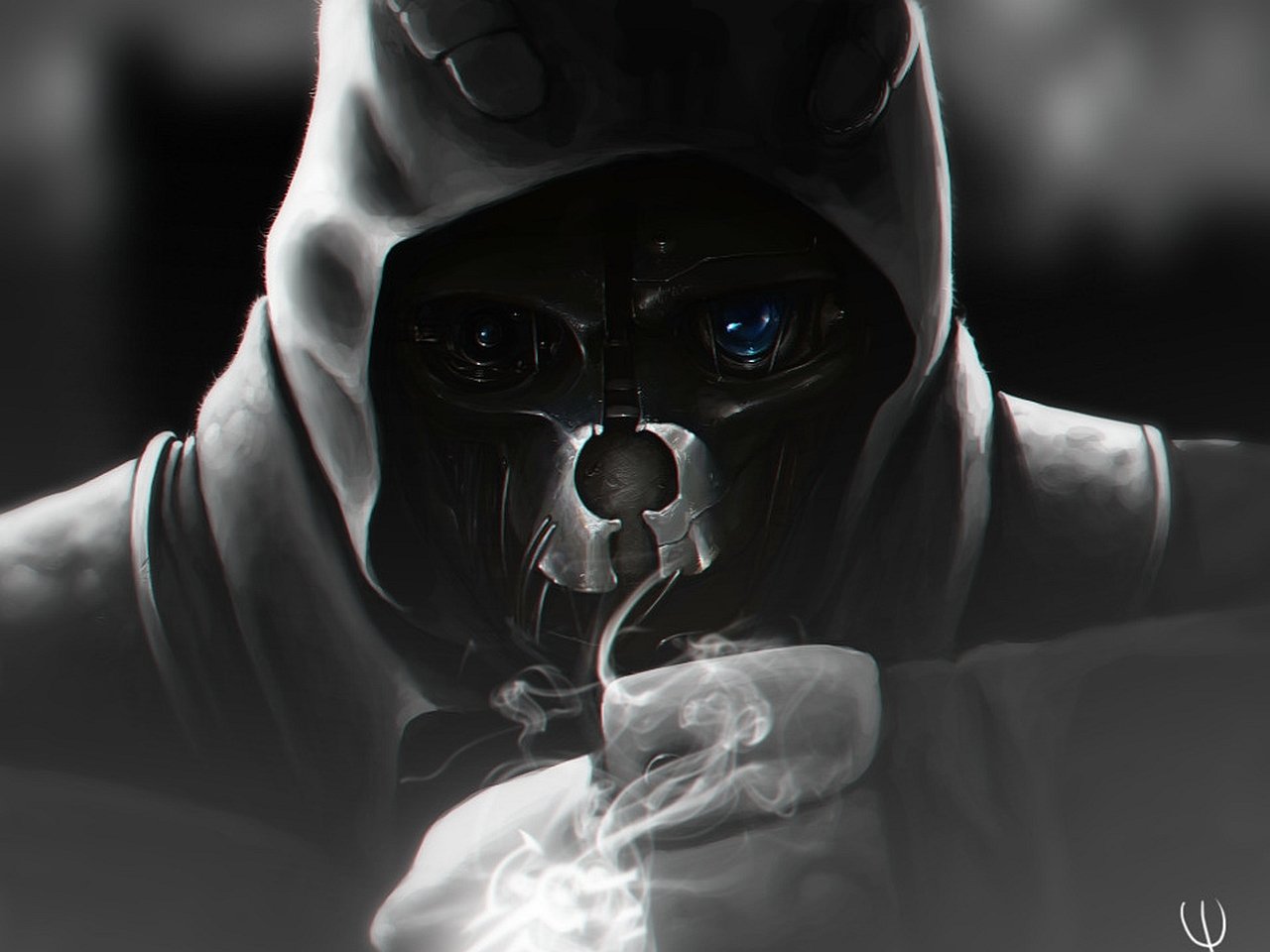 Dark, hooded figure Corvo Attano from the video game Dishonored exhales smoke, his masked face partially illuminated in a moody, monochrome setting.