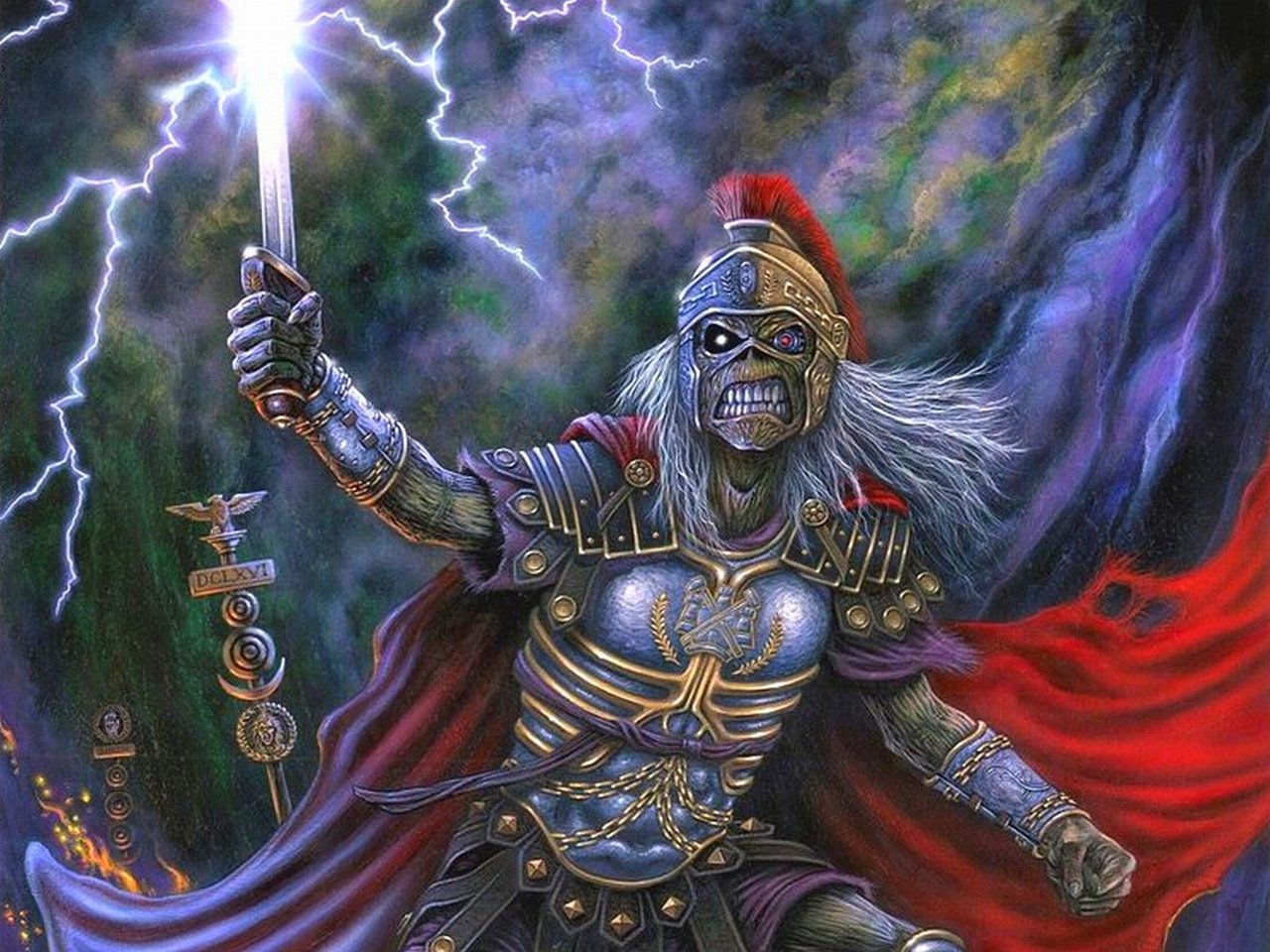 A powerful illustration of Iron Maiden's mascot, a skeletal warrior in armor, wielding a sword under a stormy sky, embodying the band's iconic heavy metal spirit.