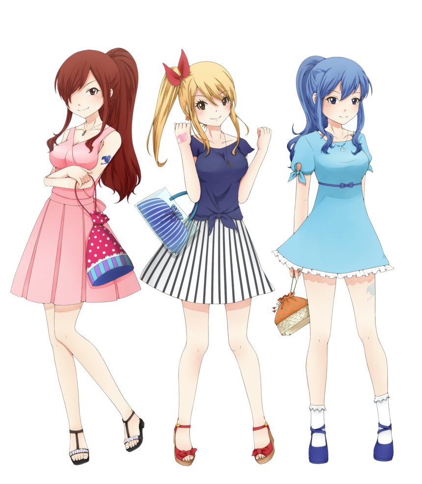 Three female characters from the anime Fairy Tail stand side by side, each wearing stylish casual dresses and holding handbags, showcasing distinct hairstyles and confident poses.